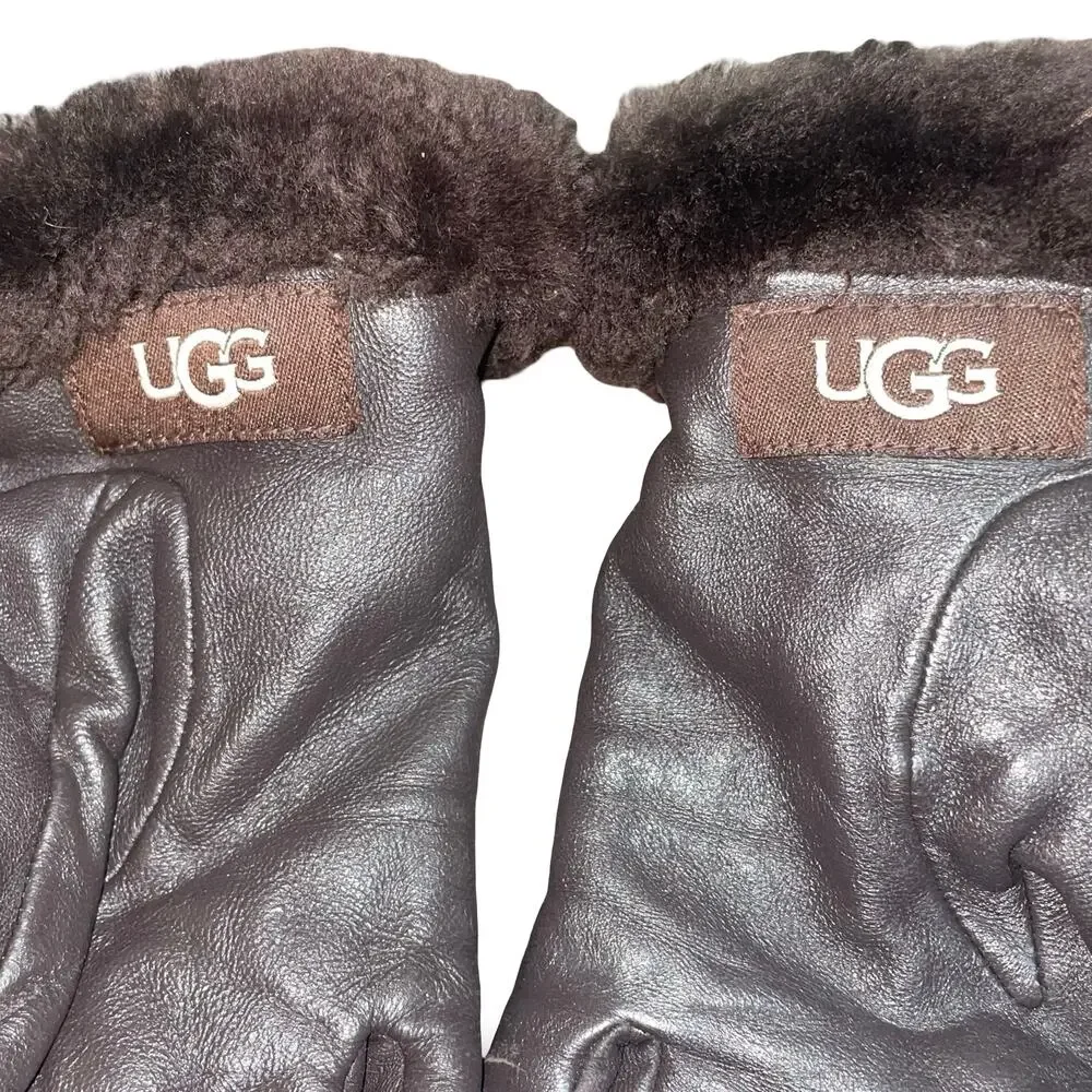 UGG Womens Brown Leather Gloves Size Small S Wool Cashmere Lined Winter Luxury